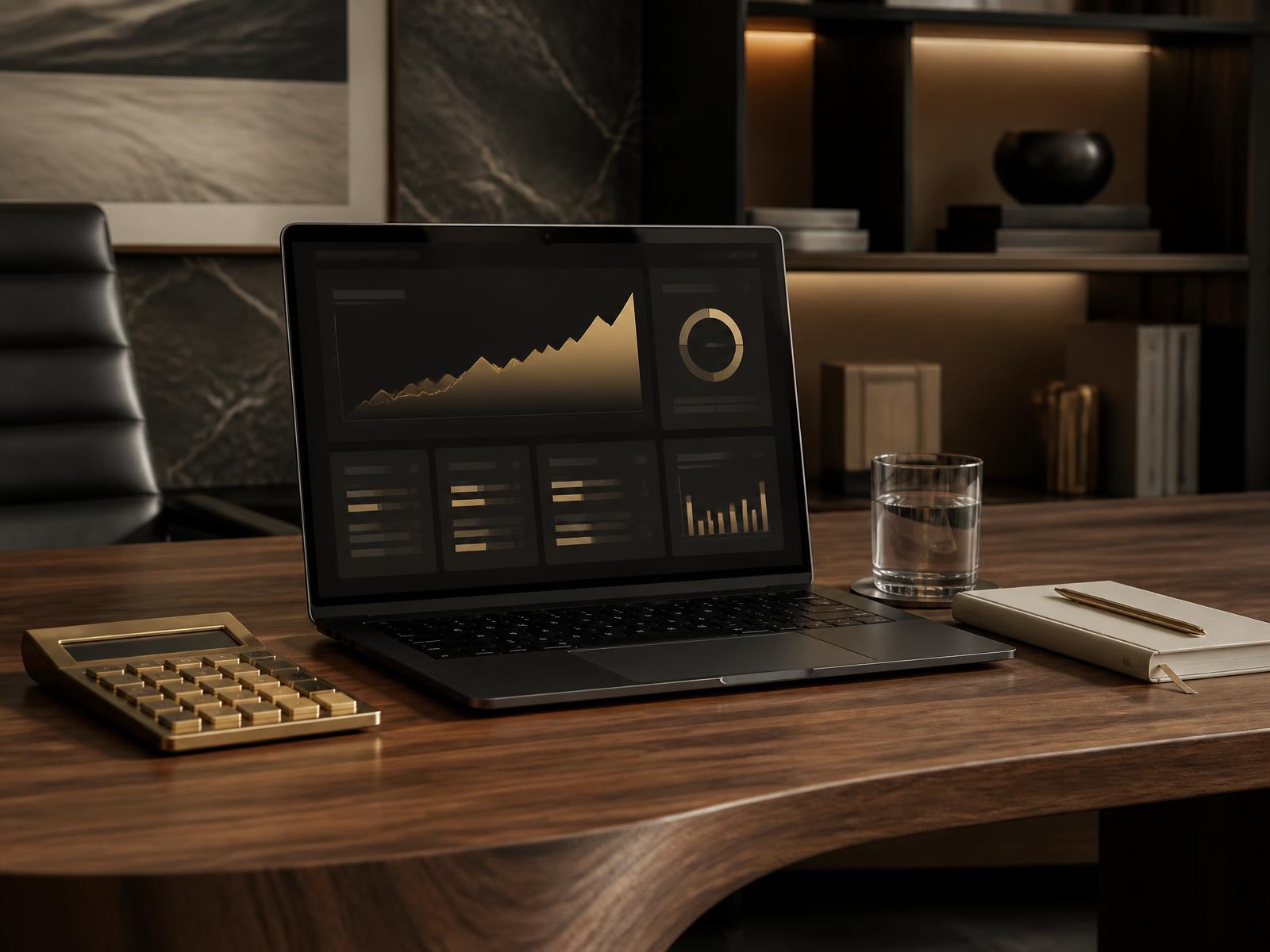 Laptop mit elegantem Revenue-Dashboard und steigendem Umsatz-Chart neben Messingrechner und hellem Notizbuch — datenbasierte Umsatzsteuerung bei RNR Creator Management.