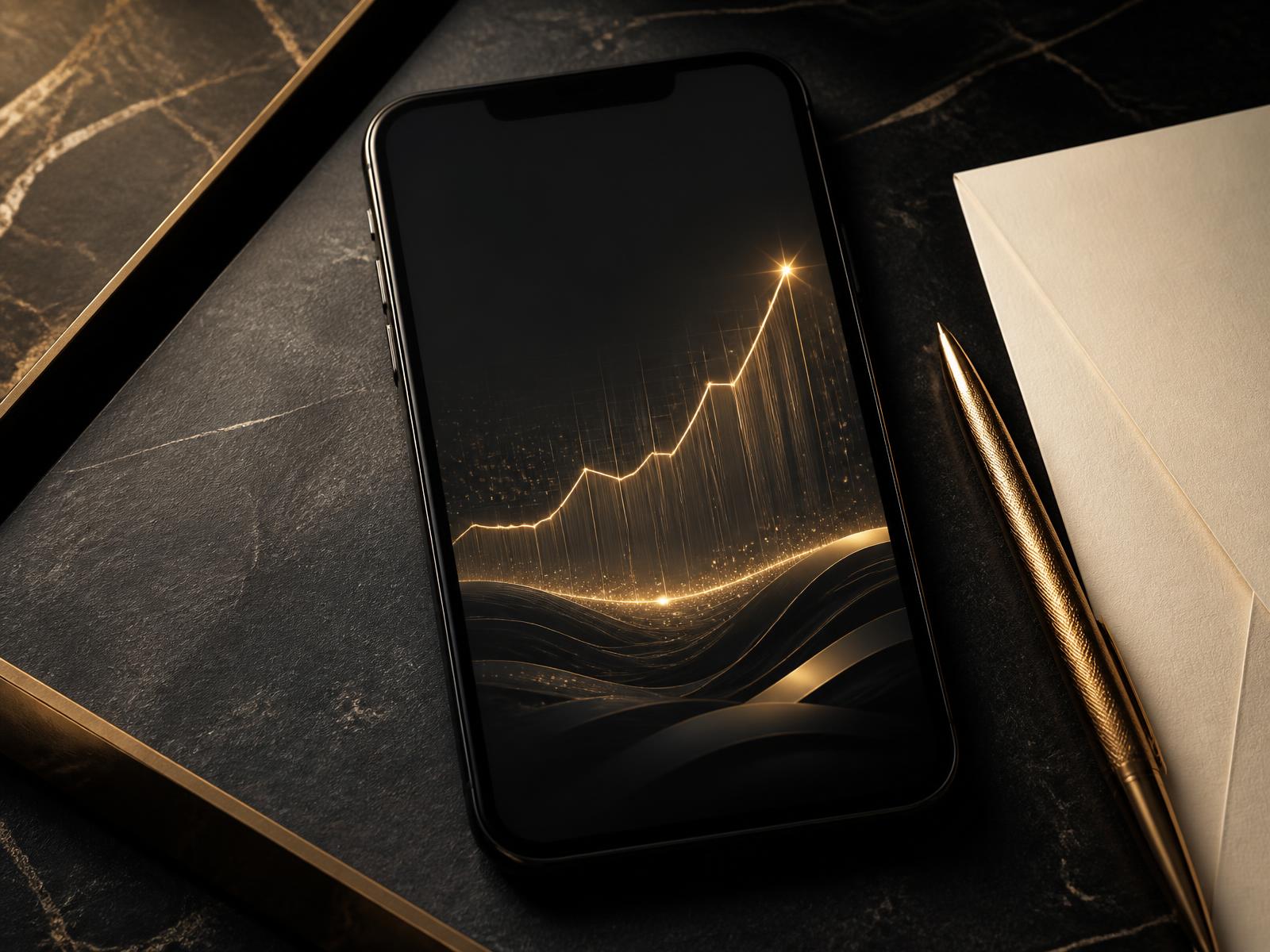Smartphone auf Marmor-Tisch zeigt eine Revenue-Milestone-Erfolgsbenachrichtigung mit Konfetti — Umsatz-Meilenstein einer Creatorin, betreut von RNR Creator Management.