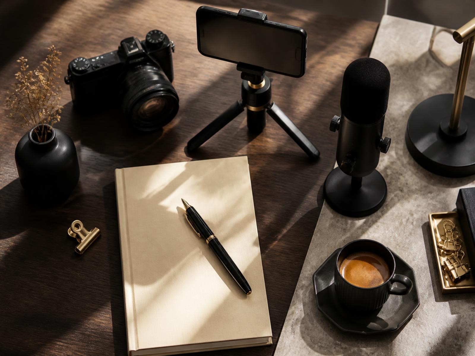 Hochwertiger Content-Creator-Arbeitsplatz von oben mit Kamera, Smartphone-Stativ, Mikrofon, hellem Notizbuch und Espresso — professionelles OnlyFans-Management bei RNR Creator Management.