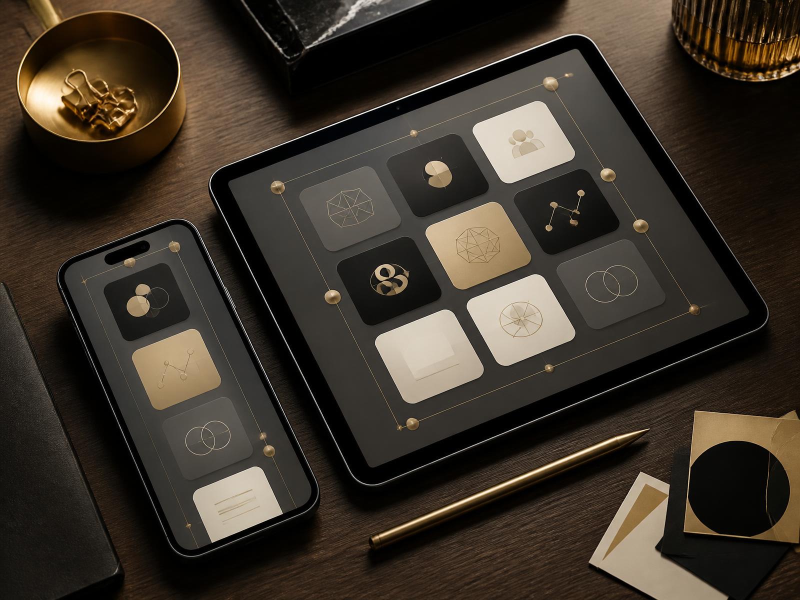 Smartphone und Tablet mit vernetztem Raster abstrakter Creator-Plattformen in Onyx und Champagner — Multi-Platform-Strategie von RNR Creator Management.