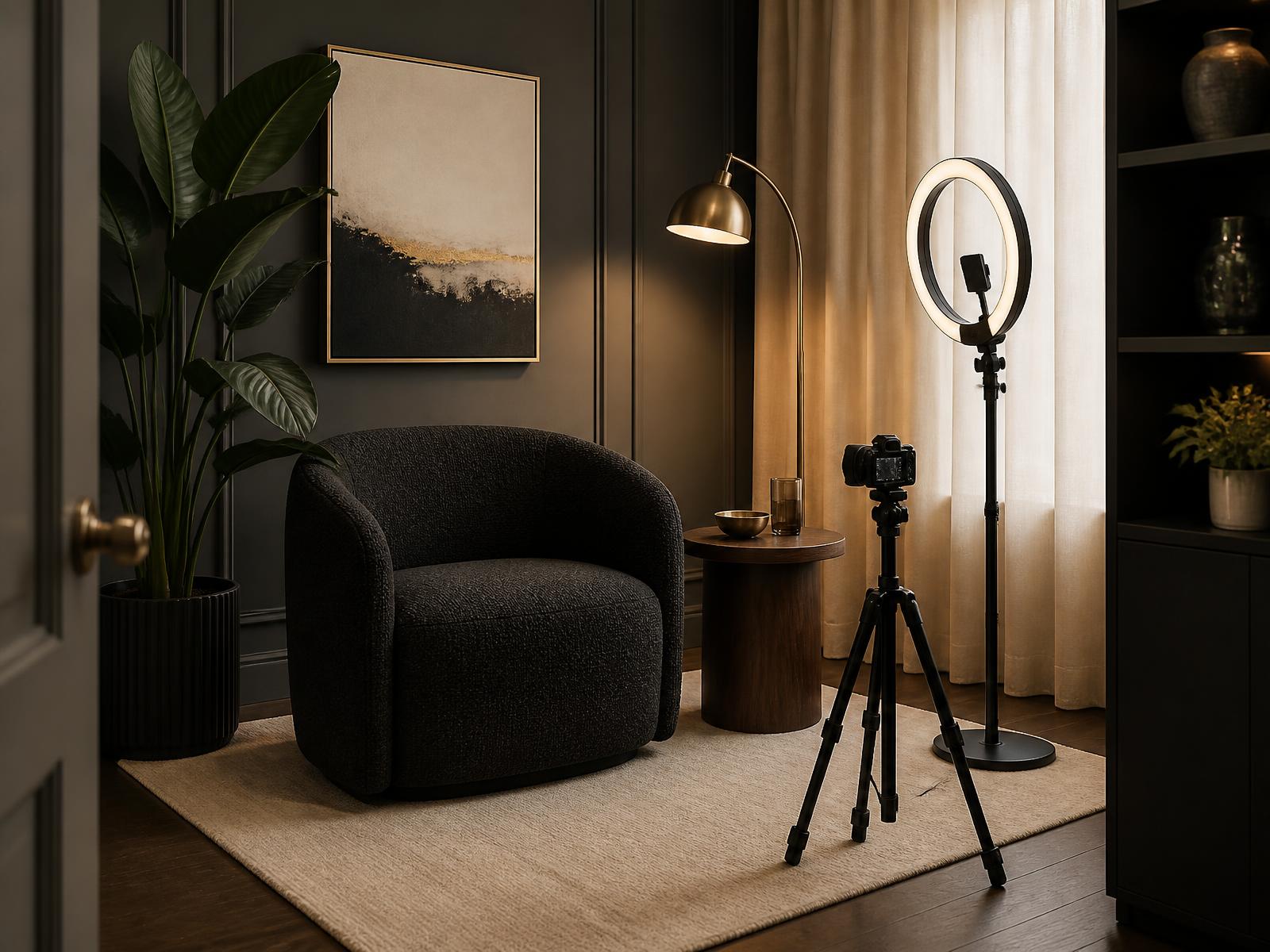 Elegante Content-Studio-Ecke mit anthrazitfarbenem Sessel, Ringlicht, Kamera und Messingleuchte — Arbeitsumgebung eines RNR-Chatters.