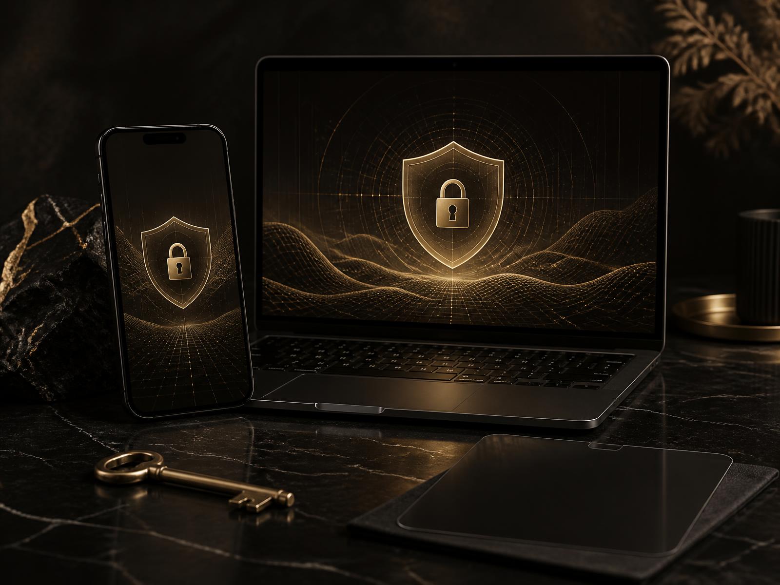 Smartphone und Laptop mit goldenem Schutzschild und Schloss auf dunklem Steintisch — Ratgeber OnlyFans Sicherheit von RNR Creator Management.