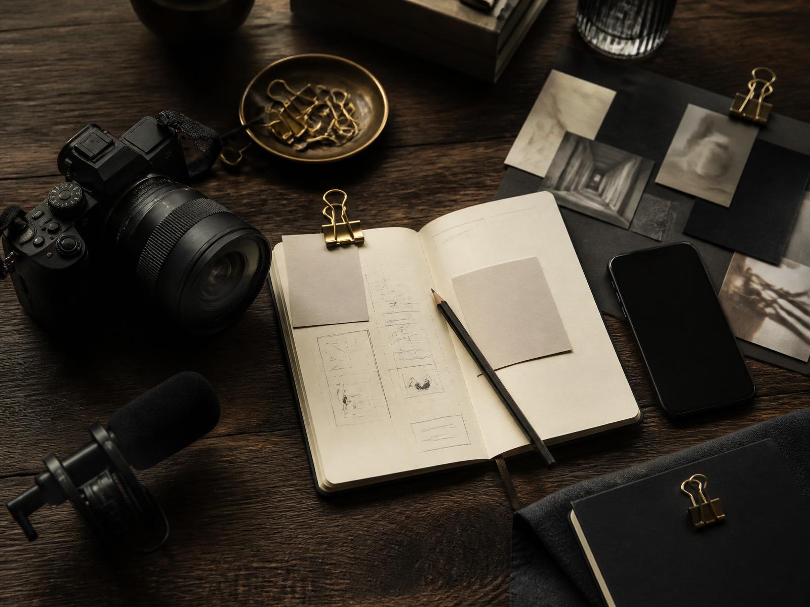 Kamera, Mikrofon, Smartphone, Ideenbuch und Moodboard auf dunklem Holz — Ratgeber OnlyFans Content-Ideen von RNR Creator Management.