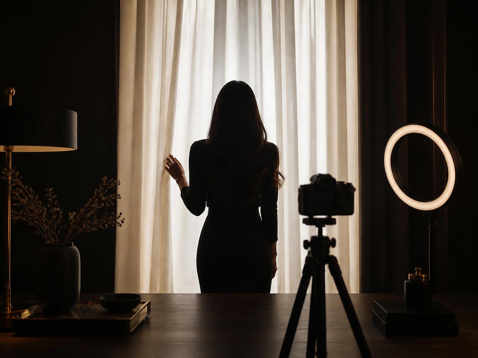 Anonyme Silhouette vor hellem Vorhang mit Kamera und Ringlicht — Ratgeber Faceless Content erstellen von RNR Creator Management.