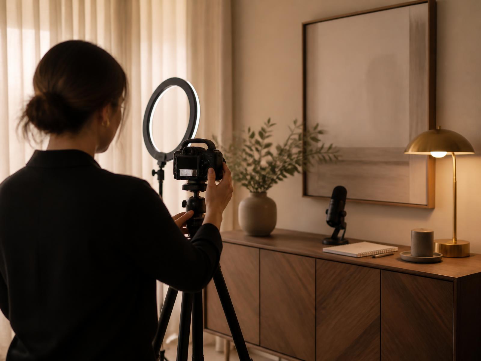 Creatorin richtet in einem eleganten Studio Kamera und Ringlicht ein — Ratgeber OnlyFans Creator werden von RNR Creator Management.