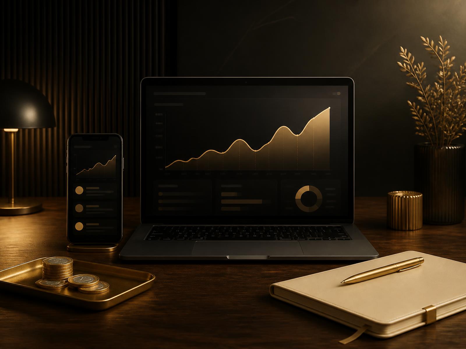 Laptop und Smartphone mit steigenden Umsatzkurven neben Euro-Münzen und Notizbuch — Ratgeber Geld verdienen auf OnlyFans von RNR Creator Management.