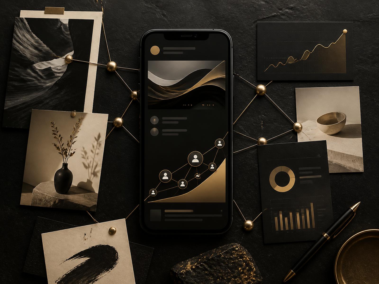 Smartphone mit abstraktem Social Feed, vernetzten Zielgruppen und steigendem Marketing-Diagramm — Ratgeber OnlyFans Marketing von RNR Creator Management.