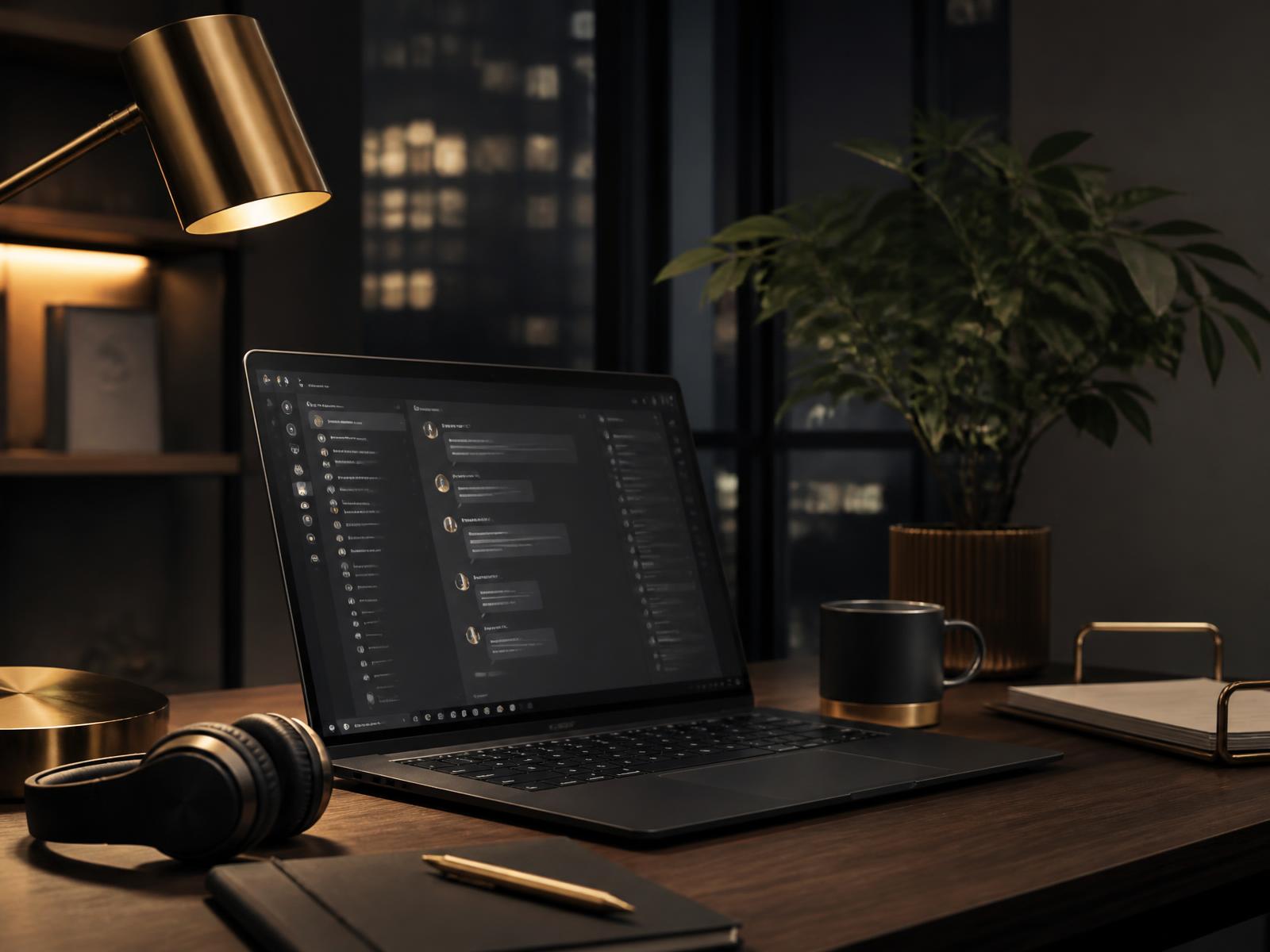Gemütlicher Schreibtisch mit Laptop und Chat-Interface, Kopfhörern, Kaffeetasse und Pflanze — deutschsprachiges Chat-Team von RNR Creator Management im DACH-Raum.