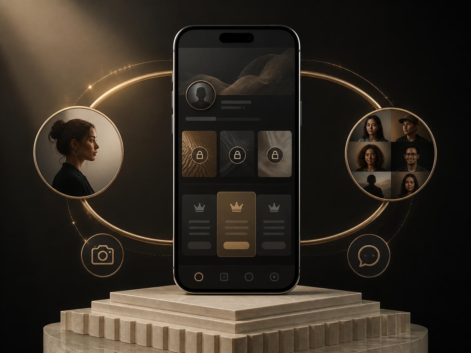 Onyxfarbenes Smartphone mit abstraktem Creator-Profil, geschützten Inhalten und goldenen Verbindungen zur Community — Grundlagen-Ratgeber Was ist OnlyFans von RNR Creator Management.