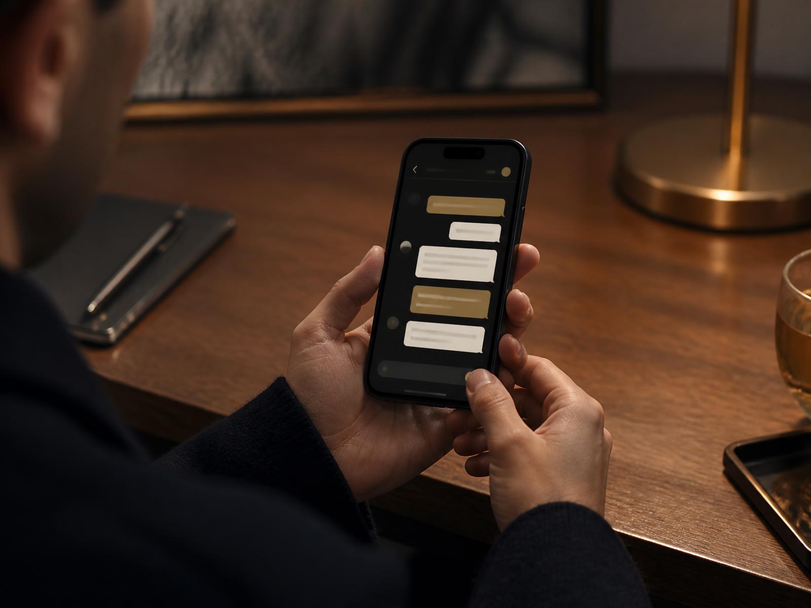 Hände halten ein Onyx-Smartphone mit eleganter champagnerfarbener Chat-Oberfläche — das deutschsprachige Chat-Team von RNR übernimmt die tägliche Fan-Kommunikation.